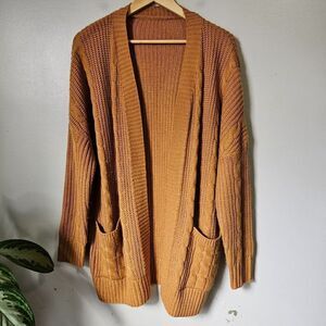 EUC TAN BROWN CABLE KNIT OPEN CARDIGAN WITH POCKETS SIZE M